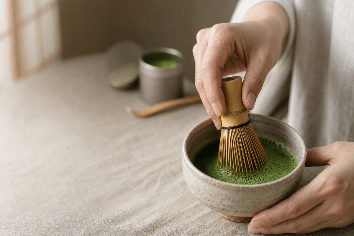 Preparando matcha con chasen y chawan
